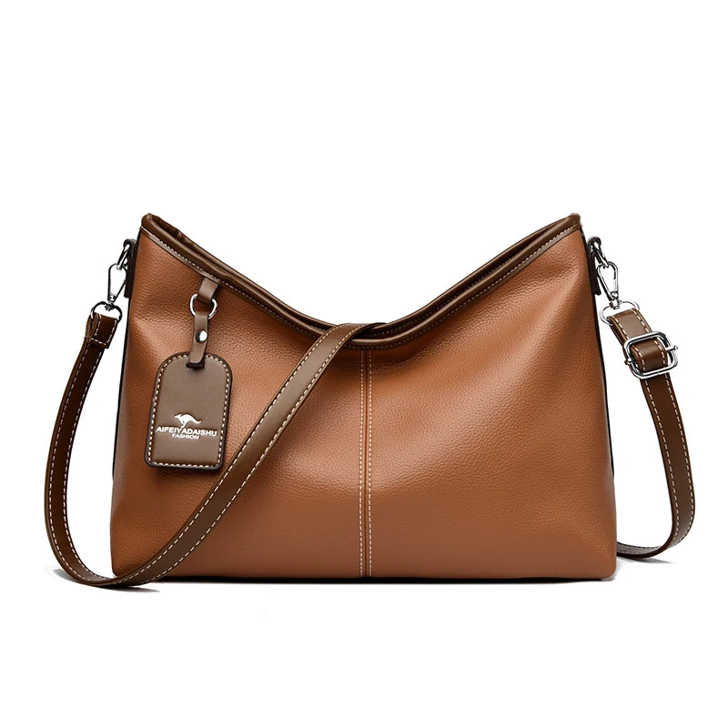Soft PU Leather Shoulder Bag - Color Contrast Crossbody Tote for Women