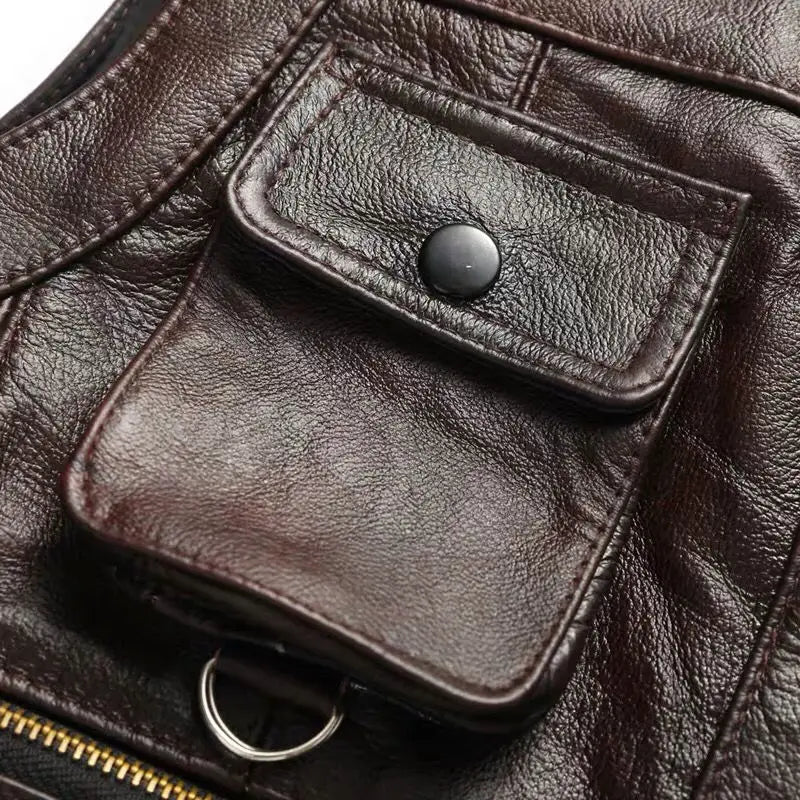 Men's Cowhide Genuine Leather Vest - Thick Motorcycle Biker Waistcoat