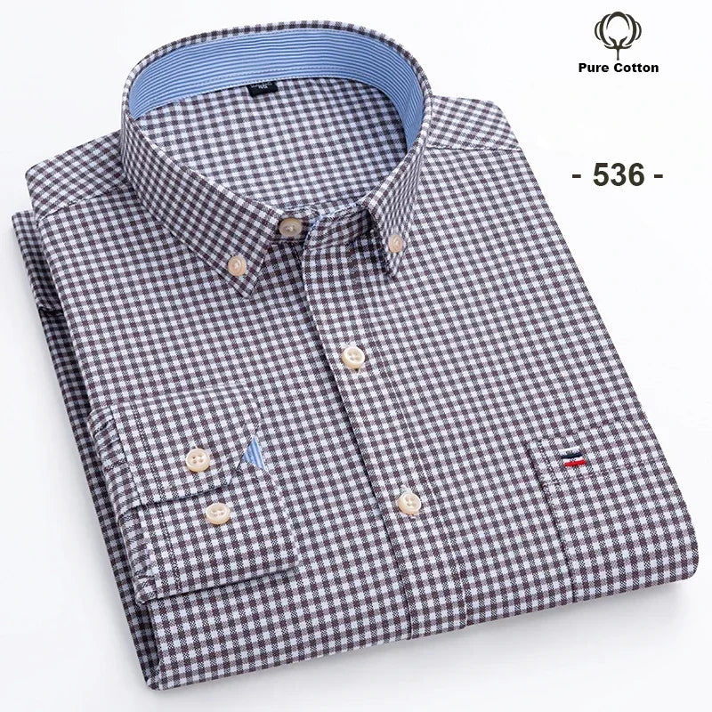 100% Cotton Oxford Men's Shirt - Plaid & Stripe Spring/Autumn Styles