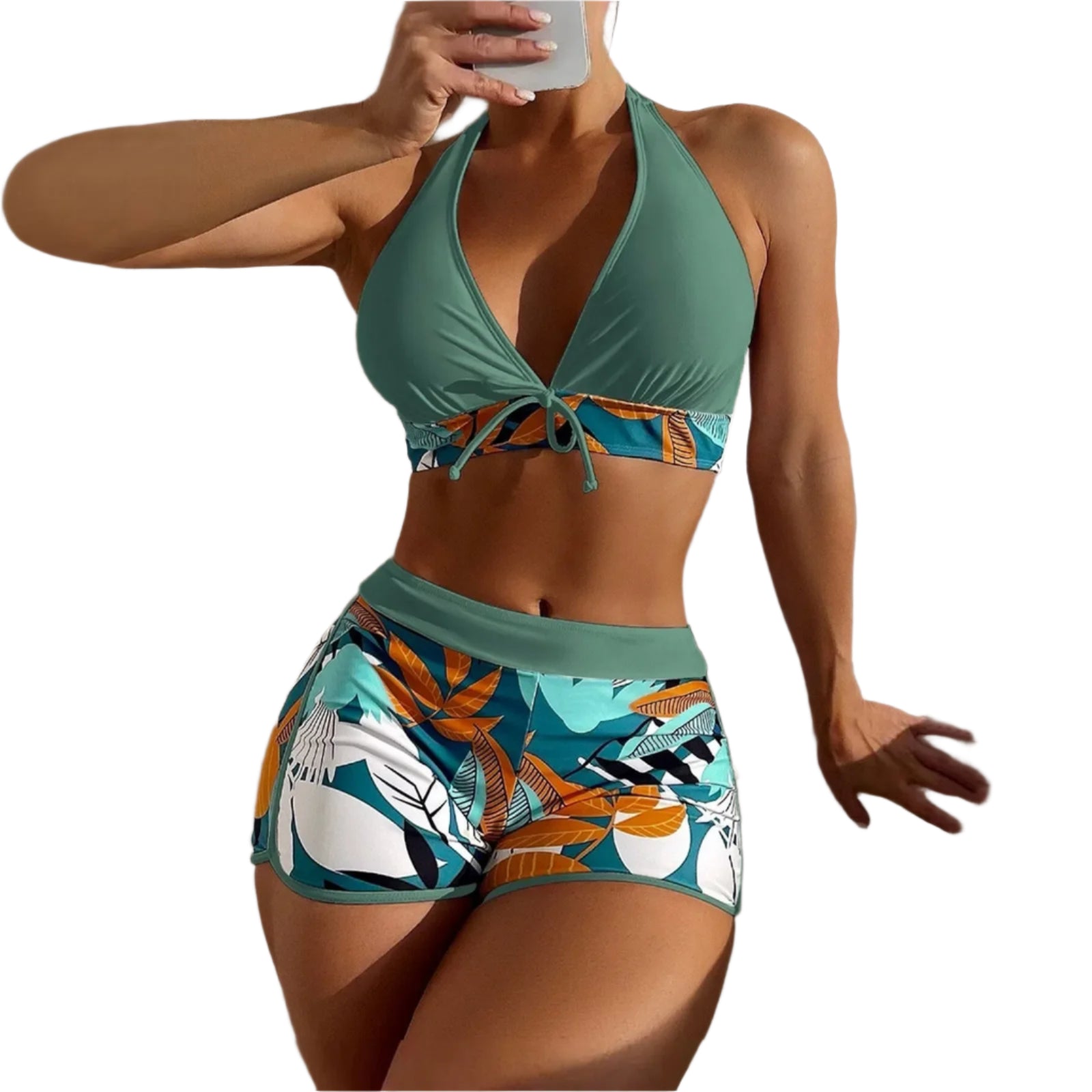 High Waist Plant Print Bikini Set – 2-Piece Swimwear for Women