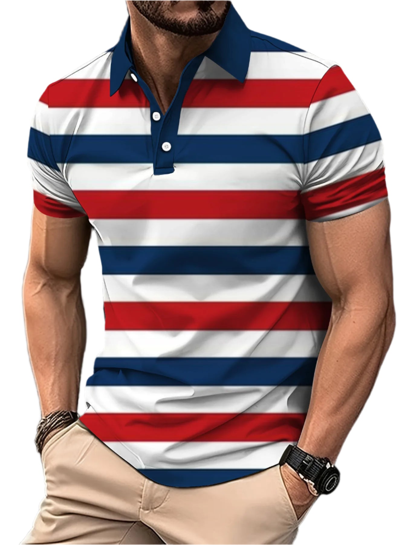 Men’s 3D Digital Print Striped Polo – Casual Oversized Top