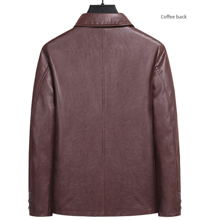 Korean Fashion Men's Warm Lapel Leather Jacket - Solid Color