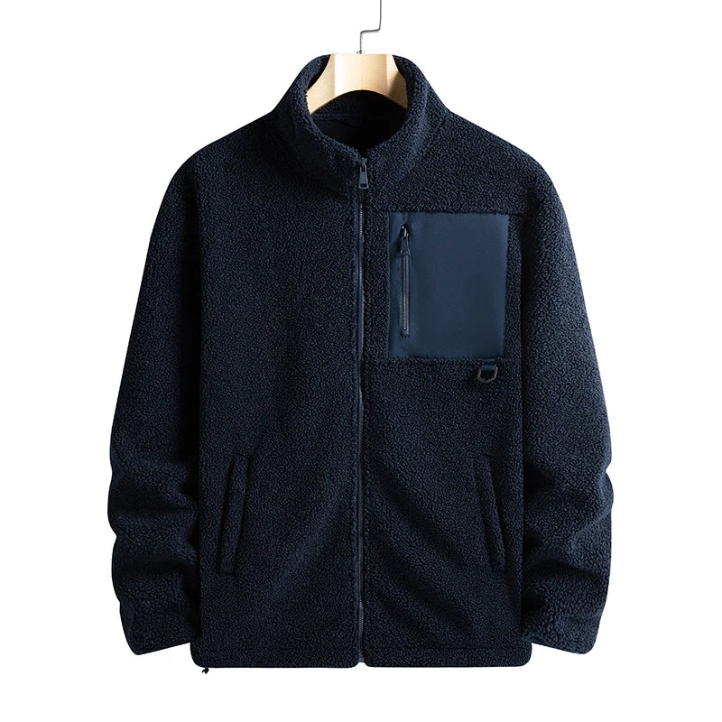 Dark blue fleece jacket with a front pocket on a white background