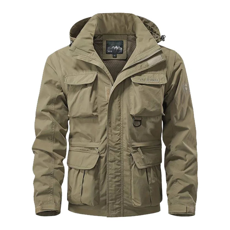 Khaki jacket with multiple pockets and a brand label on a white background