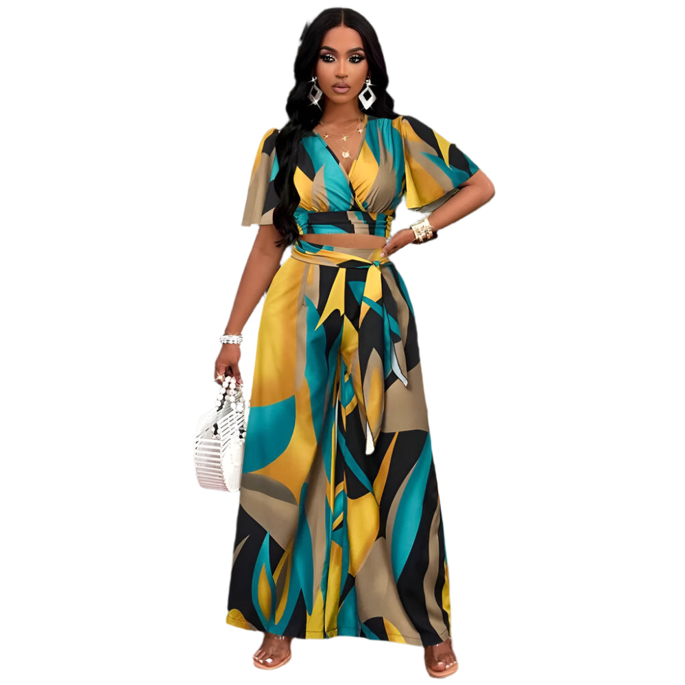 Women’s Elegant Two-Piece Pleated Butterfly Sleeve Top & Wide-Leg Lace-Up Pants