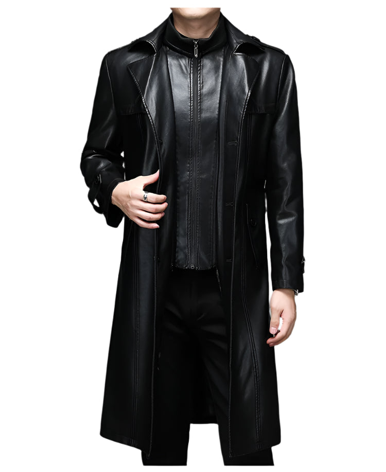 Men’s Long Leather Winter Coat – Warm Plush Lined Casual Trench Jacket