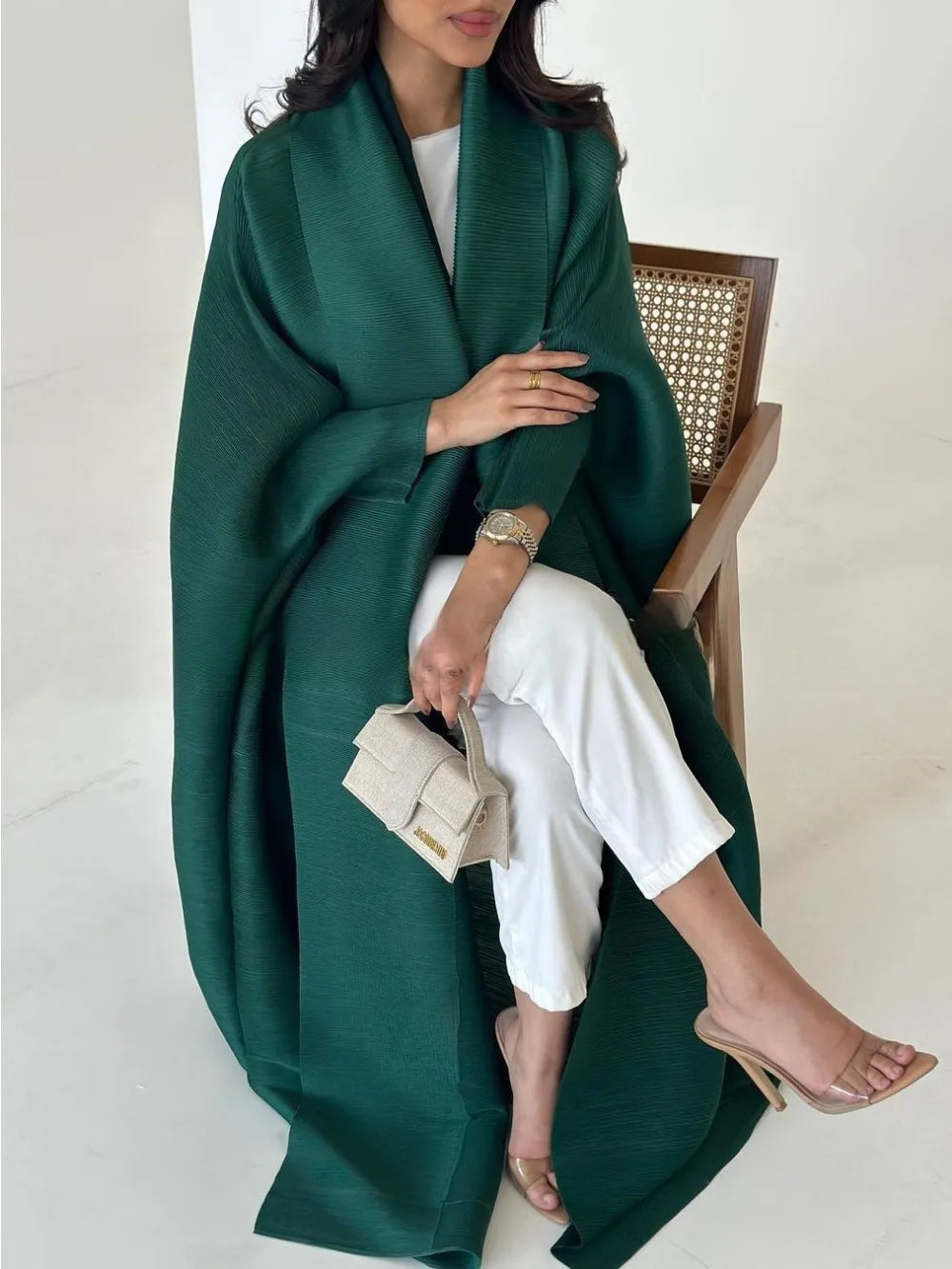 Women's Open Abaya – Pleated Stretch Maxi Cardigan Robe
