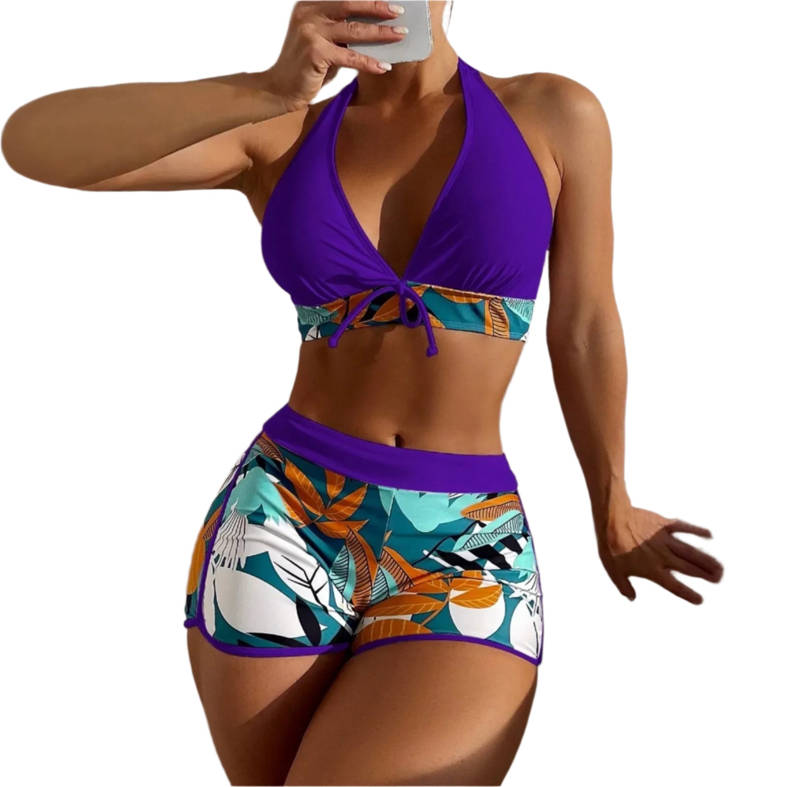 High Waist Plant Print Bikini Set – 2-Piece Swimwear for Women