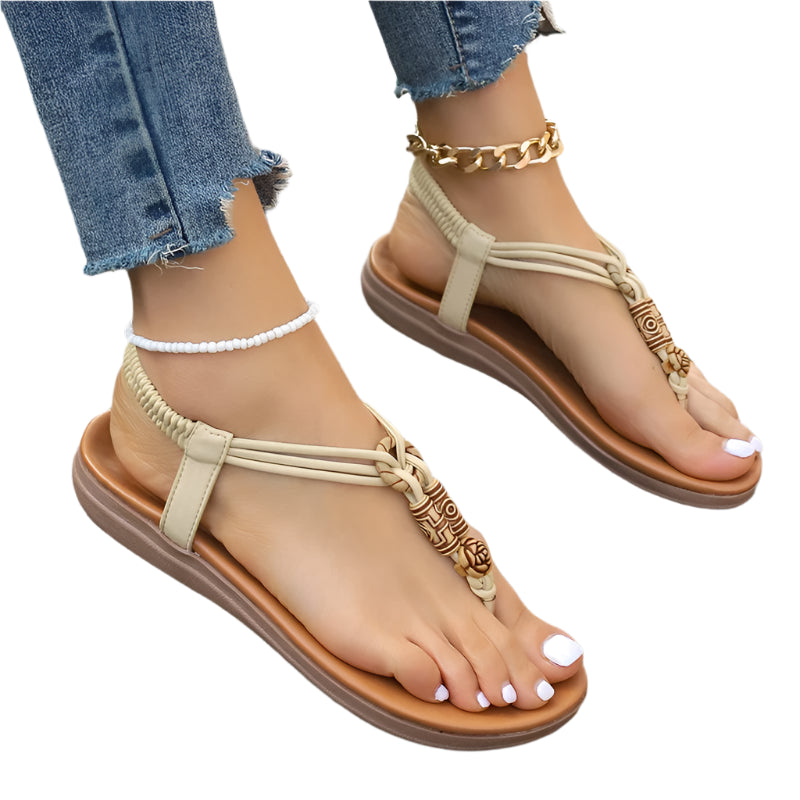 Bohemian Women's Beaded Clip Toe Elastic Flat Sandals for Summer