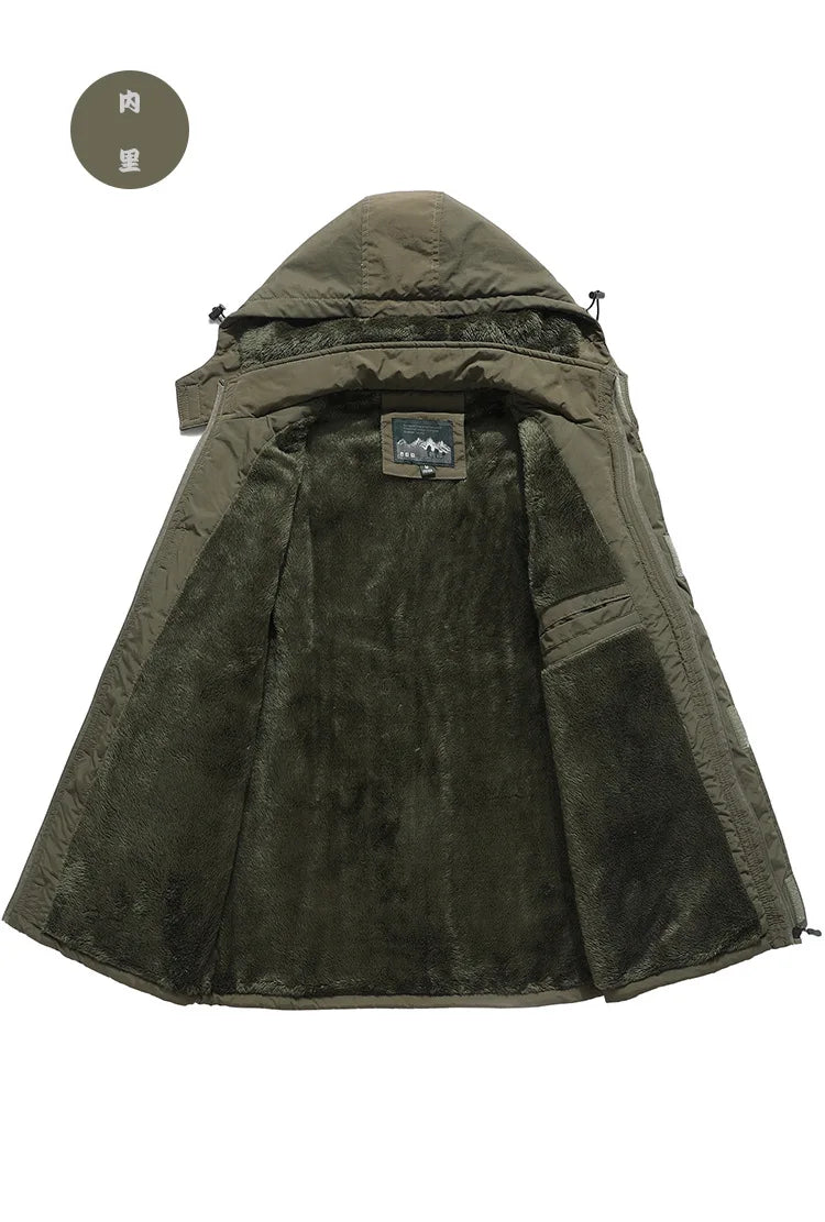 Green hooded jacket with a brand label on a white background