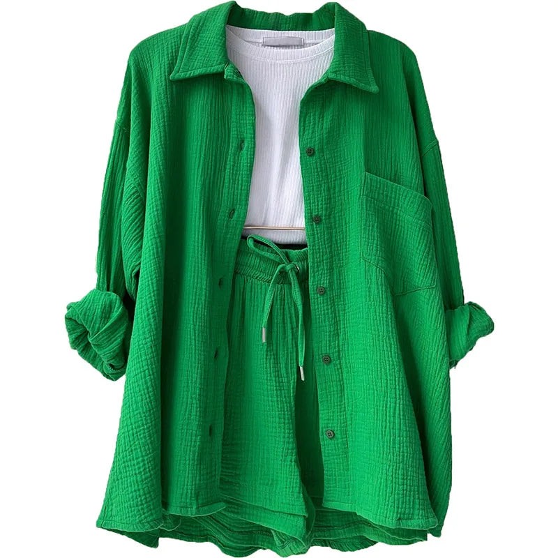 Women's Casual Shirt & Shorts Suit - Full Sleeve Spring/Summer Set