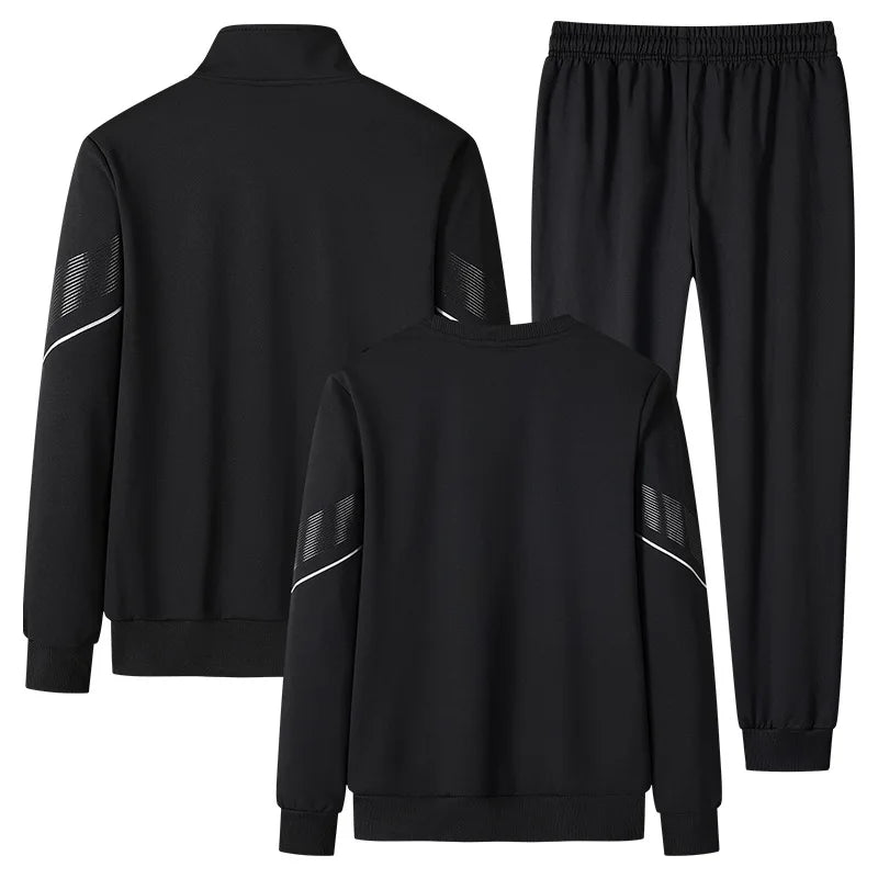 Black tracksuit with white accents on a white background