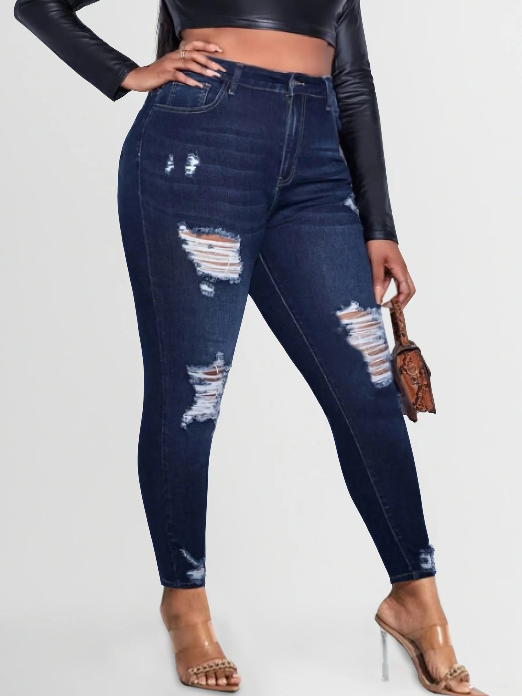Plus Size Women's Ripped Jeans – Mid Waist Hip-Lifting Skinny Fit