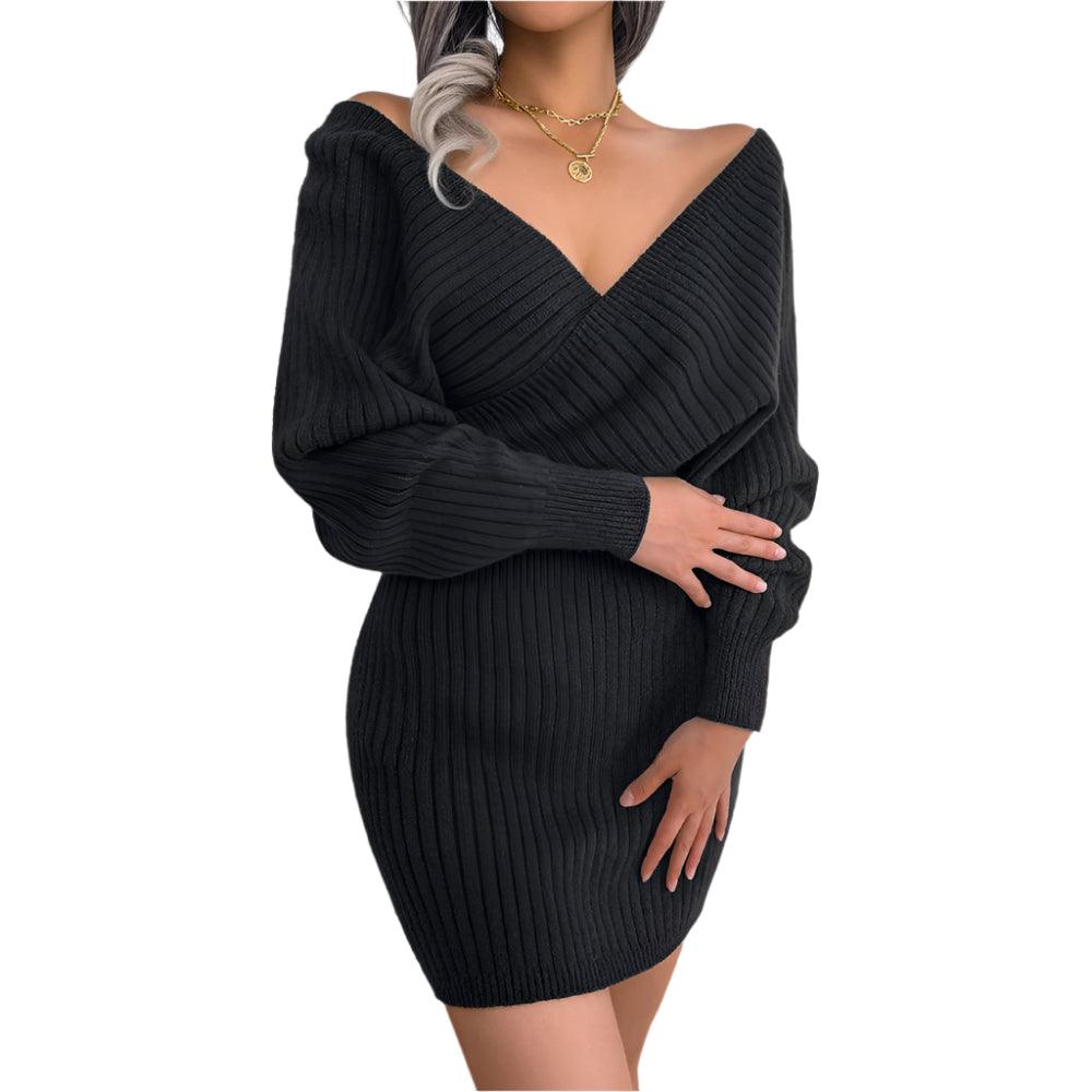 Autumn Winter V-Neck Knitted Wrap Dress – Slim Fit Mini for Casual Elegance - JVMCL