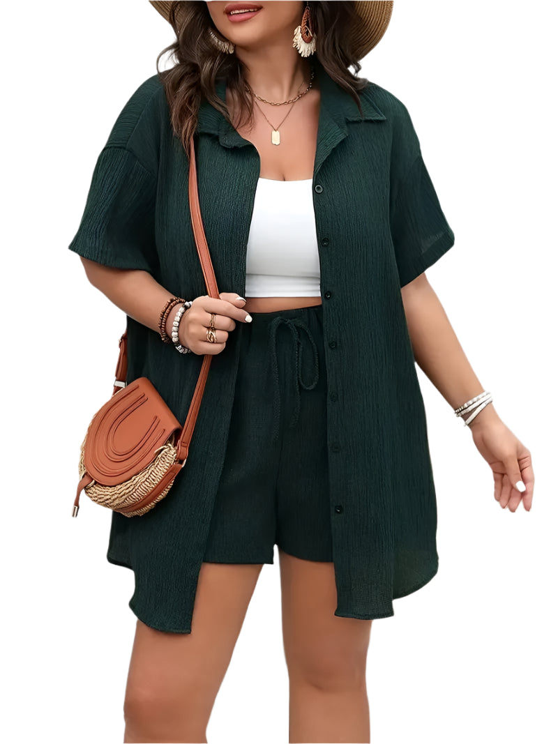Plus Size Summer 2-Piece Outfit – Short Sleeve Shirt & Wide Leg Shorts