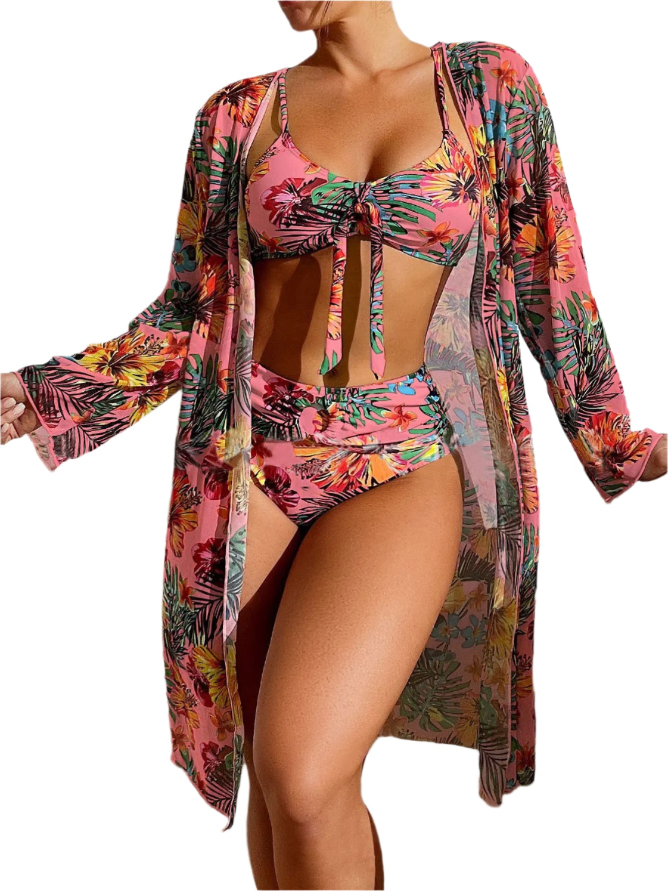 Women's 3PC Floral Swimsuit - LS Blouse, Wireless Bra & High Waist