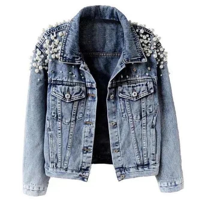 Women's Pearl Denim Coat – Stylish Y2K Punk Gothic Bomber Jacket
