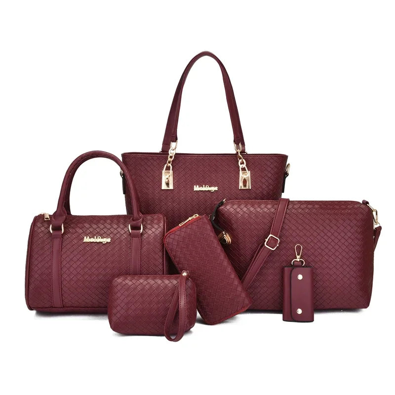 Libarrecy Fashion 6PC Handbag Set - Braid Shoulder Crossbody Tote