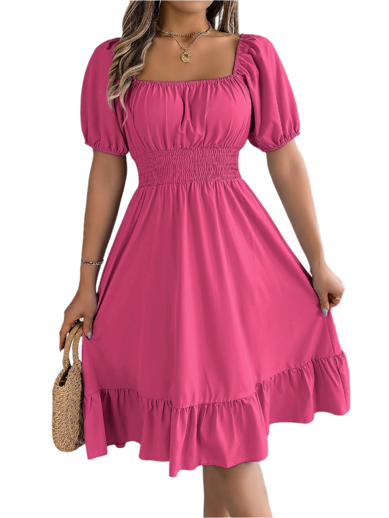 Elegant Square Neck Ruffled Dress – Spring Summer High Waist