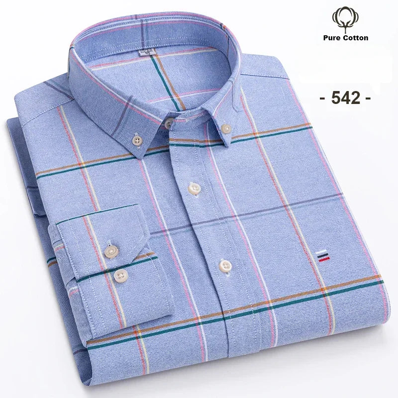 100% Cotton Oxford Men's Shirt - Plaid & Stripe Spring/Autumn Styles