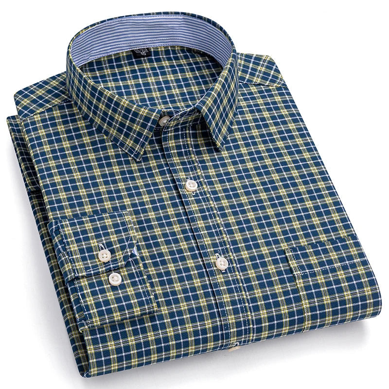 Men’s 100% Cotton Plaid Oxford Shirt – Smart Casual Plus Size 7XL