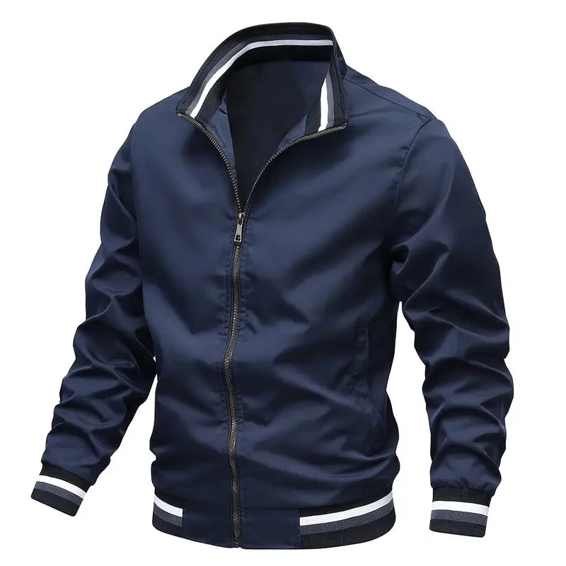 Navy blue jacket with white accents on a white background