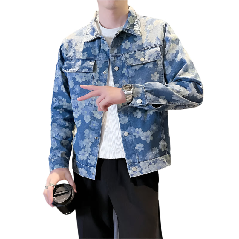 Men’s Blue Denim Jacket | Printed Trim Casual Coat M–4XL Sizes