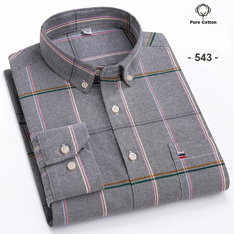 100% Cotton Oxford Men's Shirt - Plaid & Stripe Spring/Autumn Styles