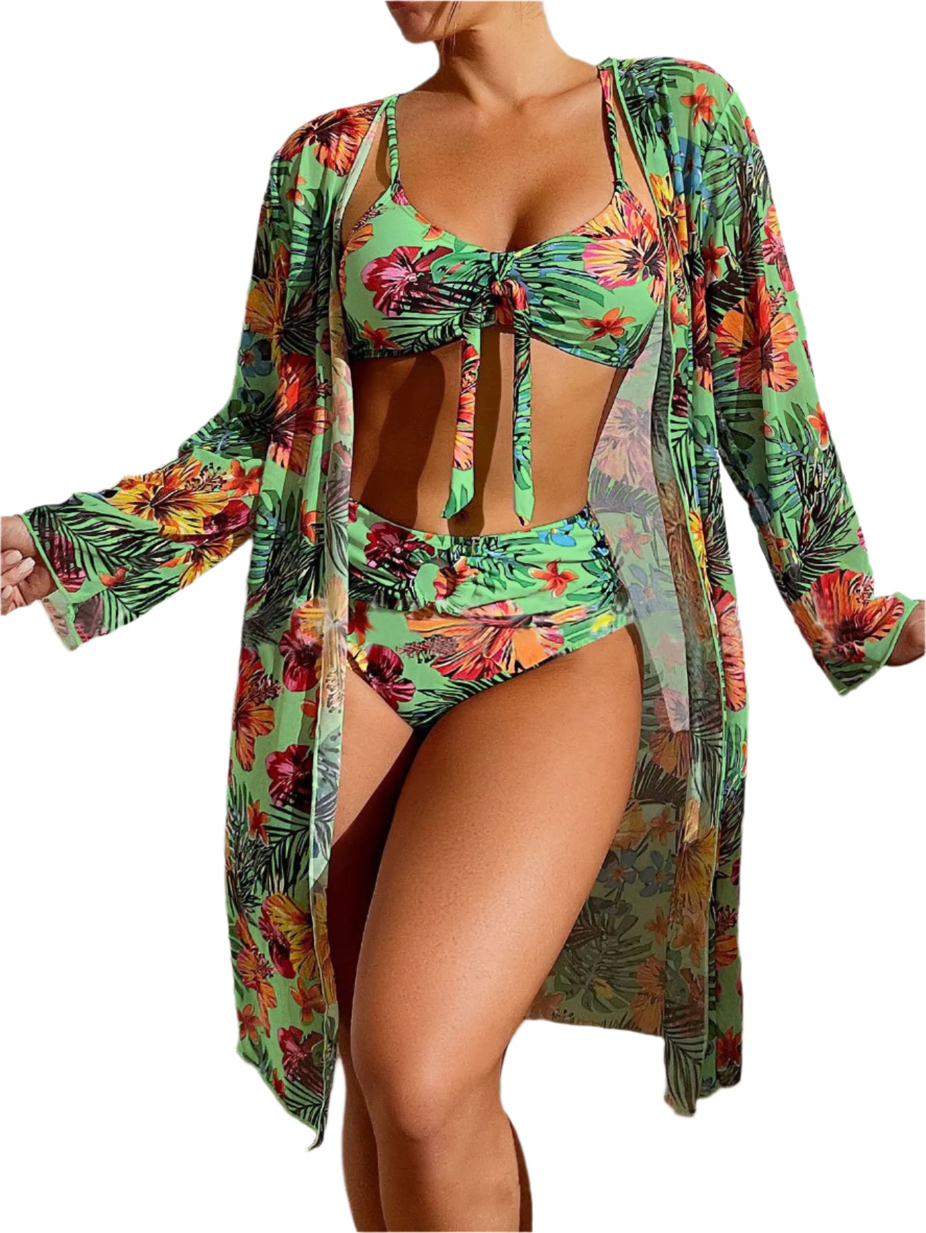 Women's 3PC Floral Swimsuit - LS Blouse, Wireless Bra & High Waist