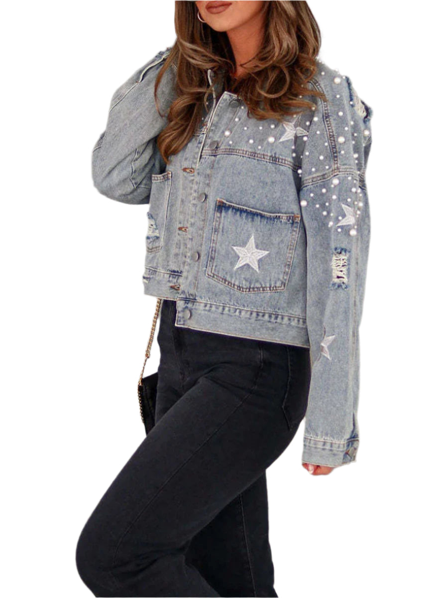 Women's Fall Denim Jacket - Star Print Back Long Sleeve Turn-Down Collar
