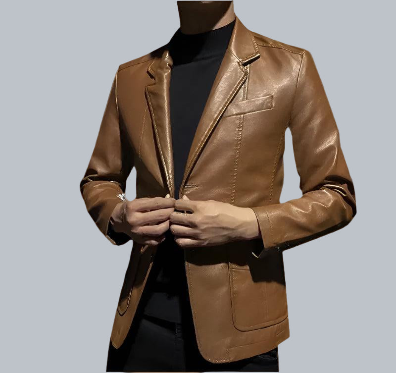 Men's Business Casual Leather Jacket – Slim Fit Suit Collar Coat - JVMCL