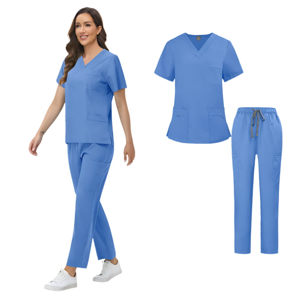 Unisex Medical Scrubs Set: Short Sleeve V-Neck Top & Pants Workwear
