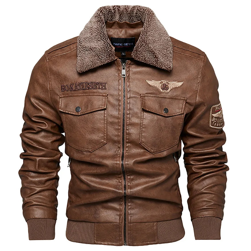 Retro Fur Collar Warm Men's Fleece Lined PU Leather Jacket Coat