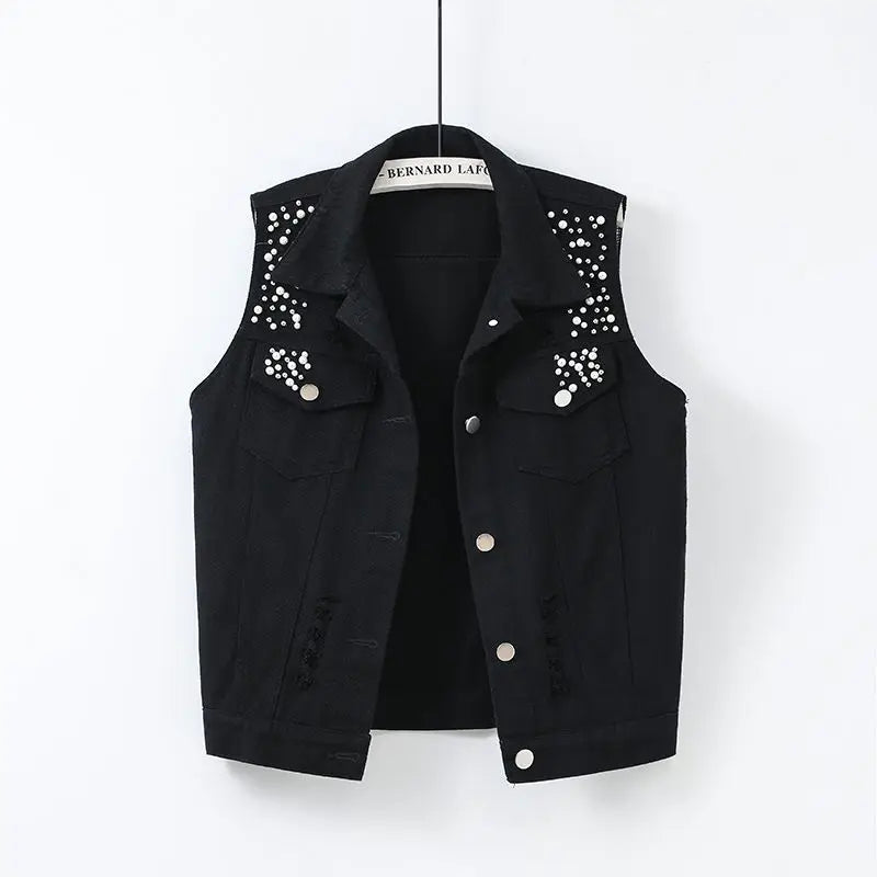 Colorful Beaded Denim Waistcoat – Women's Sleeveless Slim Fit Short Vest Jacket