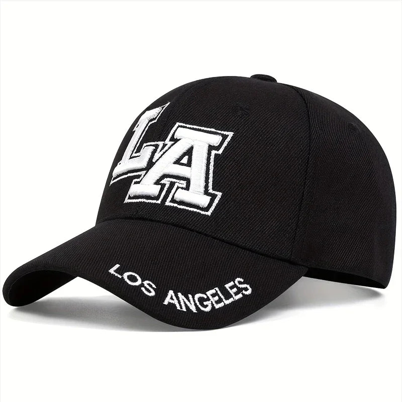 Black cap with 'LA' and 'Los Angeles' text on a white background