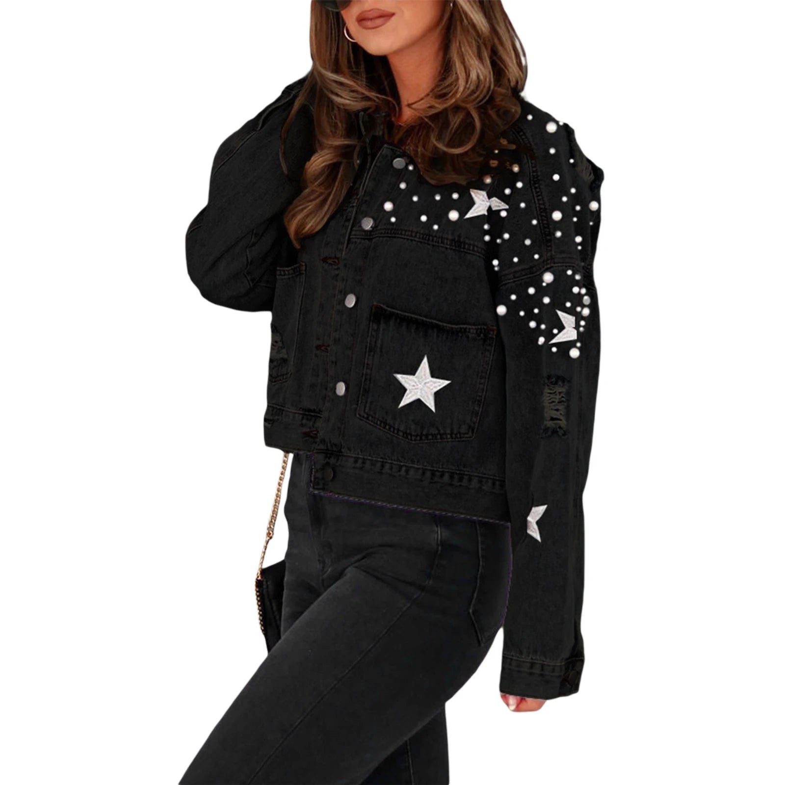 Women's Fall Denim Jacket - Star Print Back Long Sleeve Turn-Down Collar