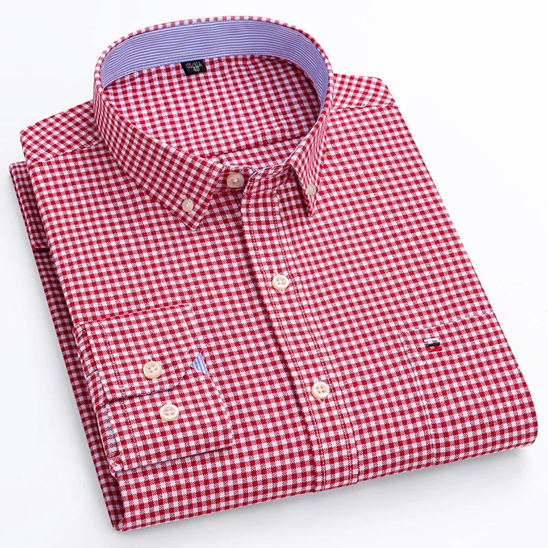 100% Cotton Oxford Men's Shirt - Plaid & Stripe Spring/Autumn Styles