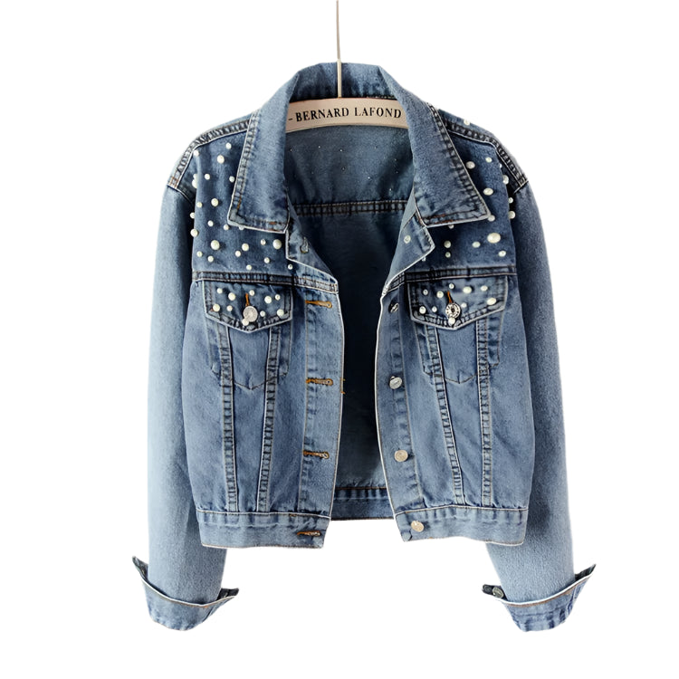 Beaded Washed Women's Turn-Down Collar Long-sleeved Lapel Denim Jacket