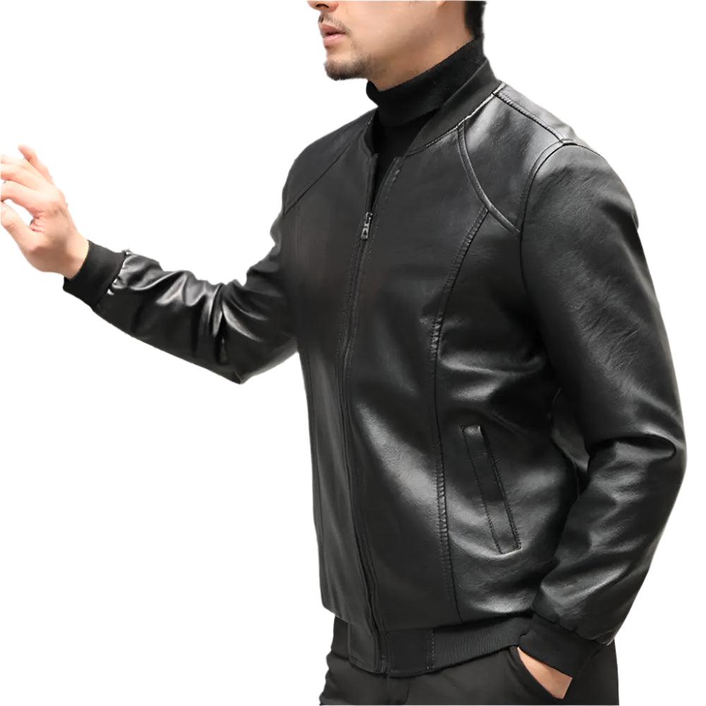 Men's Thickened Warm PU Leather Bomber Jacket - Thermal Stand-Up Collar Business Casual Outerwear - JVMCL