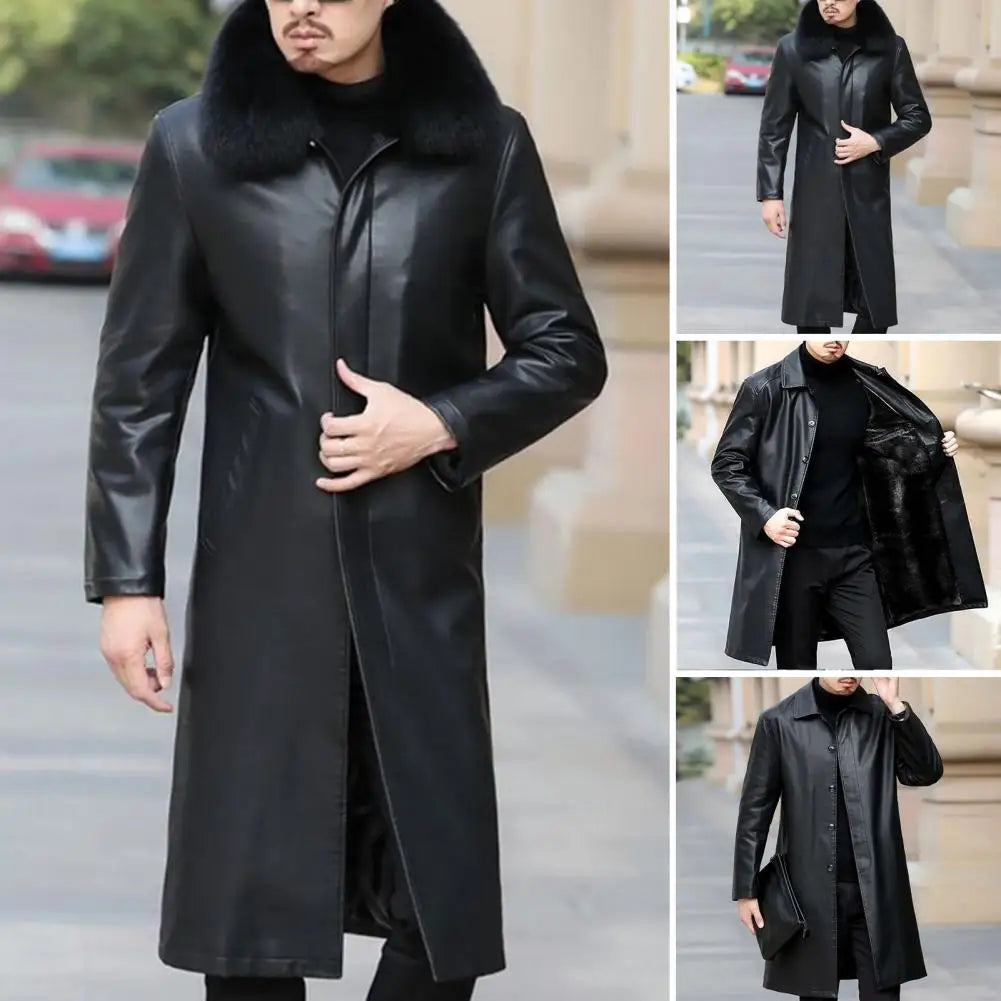 Men's Long Faux Leather Jacket: Fleece Lined, Removable Fur Collar