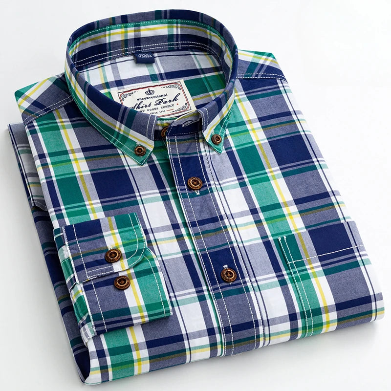 100% Cotton Slim Fit Plaid Shirt – Formal Long-Sleeve Office Casual Shirt for Men
