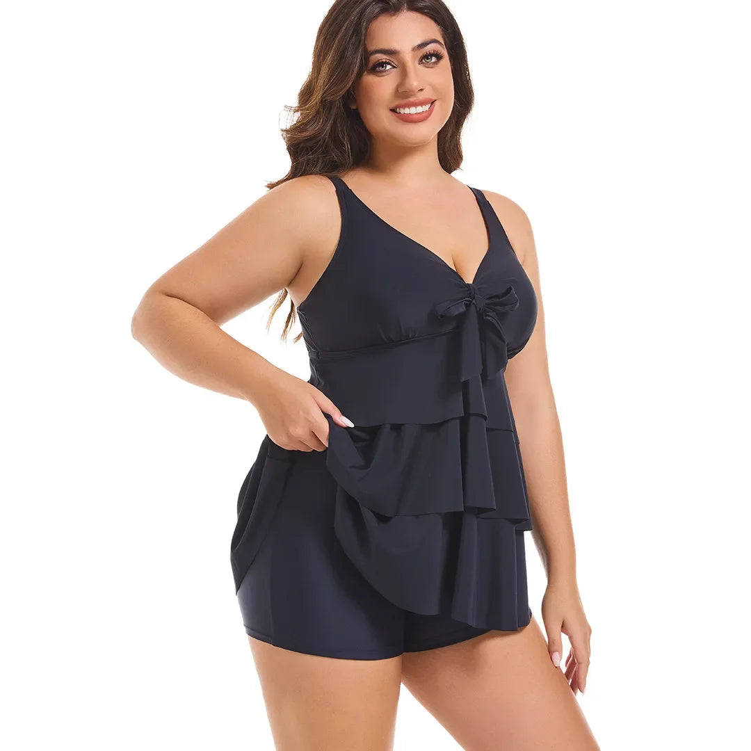 Plus Size Black Bikini Set - Conservative Skirt Style Swimsuit