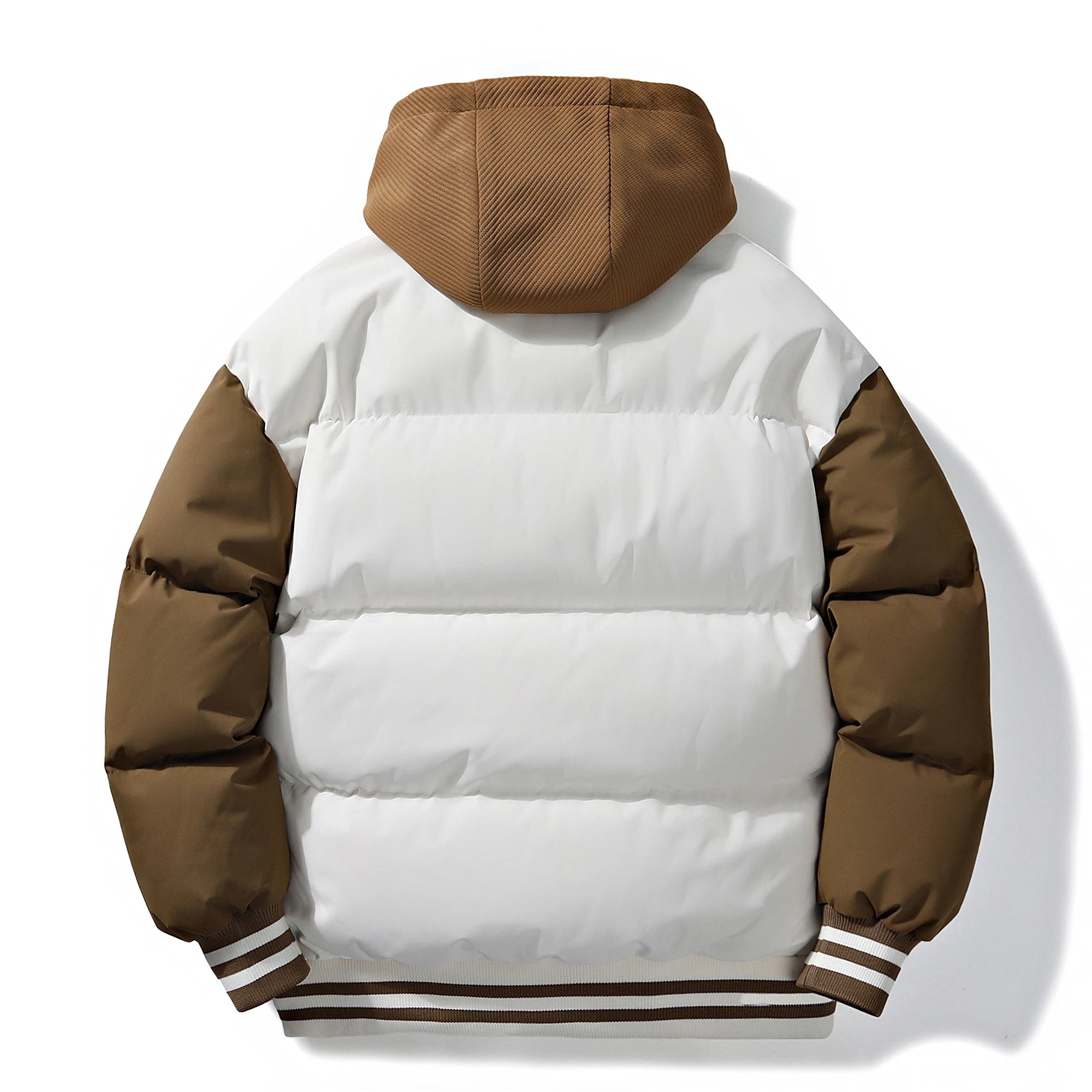 White puffer jacket with brown sleeves and hood on a white background