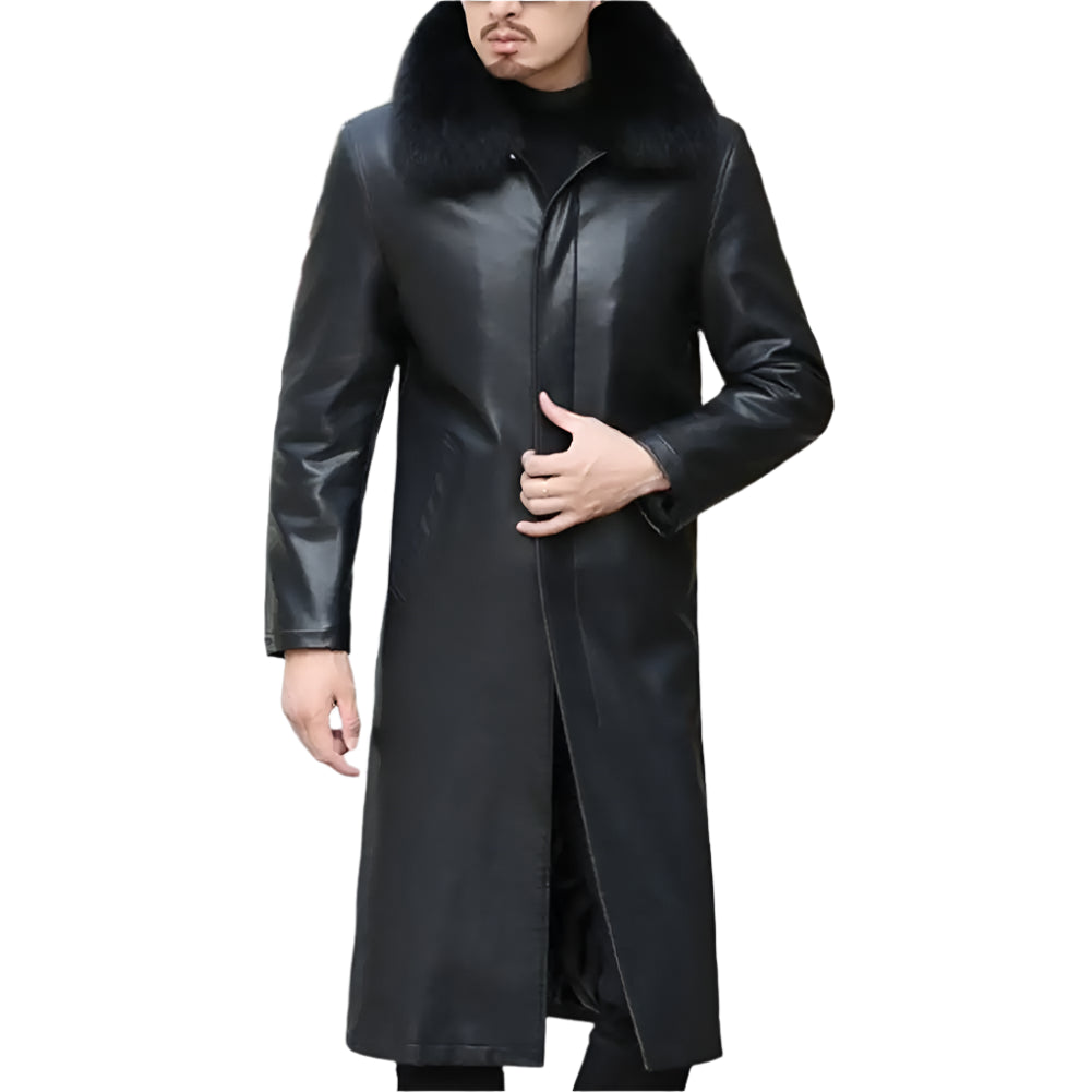 Men's Long Faux Leather Jacket: Fleece Lined, Removable Fur Collar