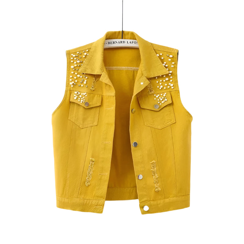 Colorful Beaded Denim Waistcoat – Women's Sleeveless Slim Fit Short Vest Jacket