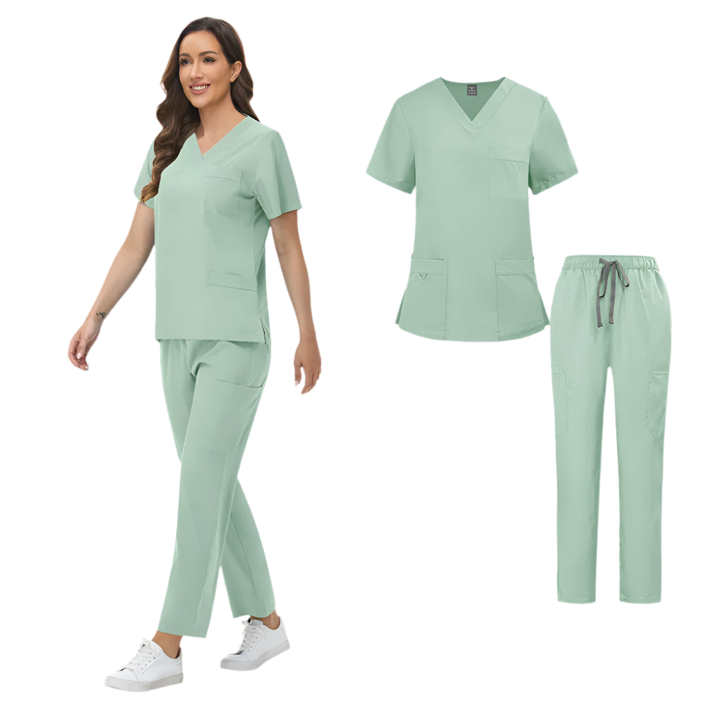 Unisex Medical Scrubs Set: Short Sleeve V-Neck Top & Pants Workwear