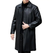 Men's Long Faux Leather Jacket: Fleece Lined, Removable Fur Collar
