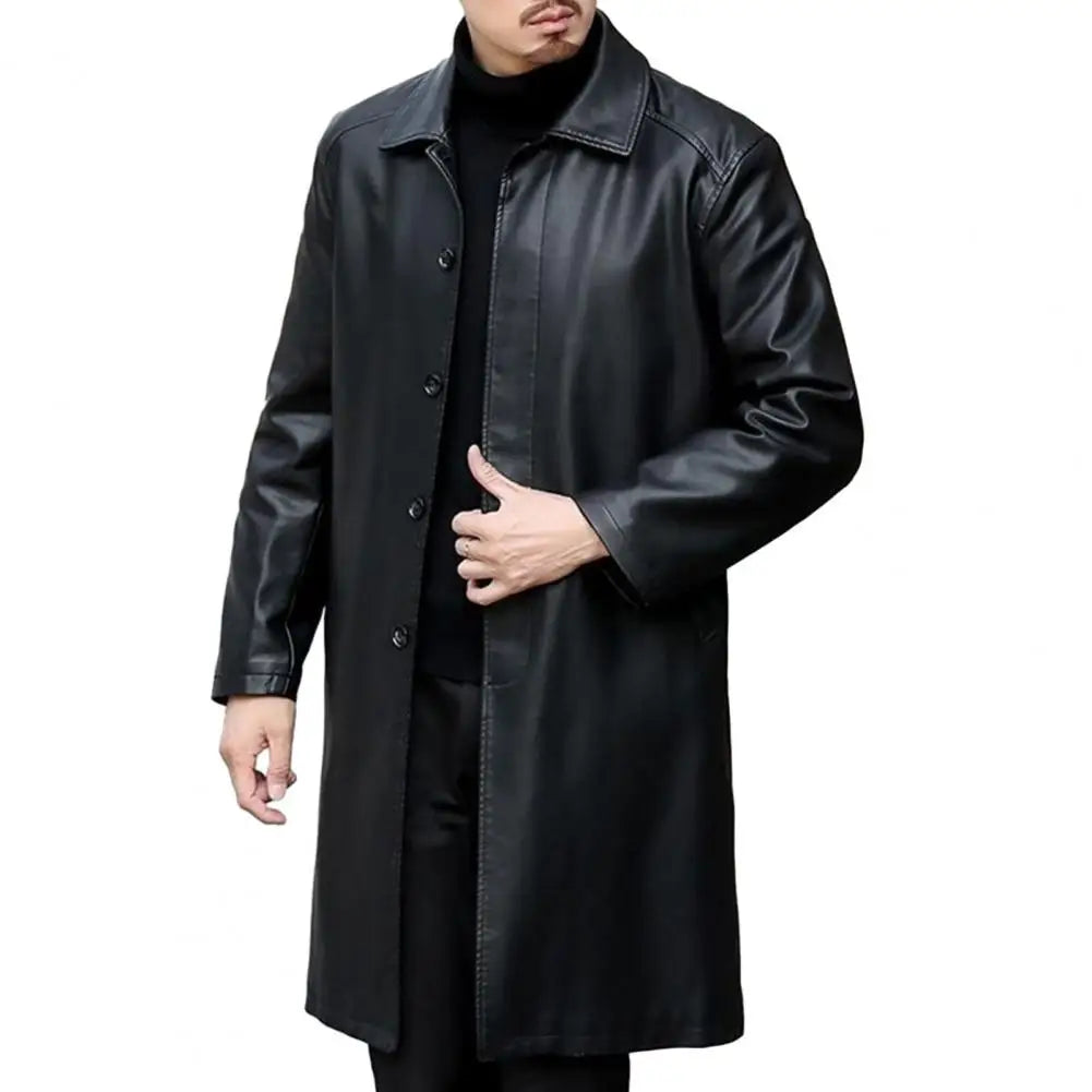 Men's Long Faux Leather Jacket: Fleece Lined, Removable Fur Collar