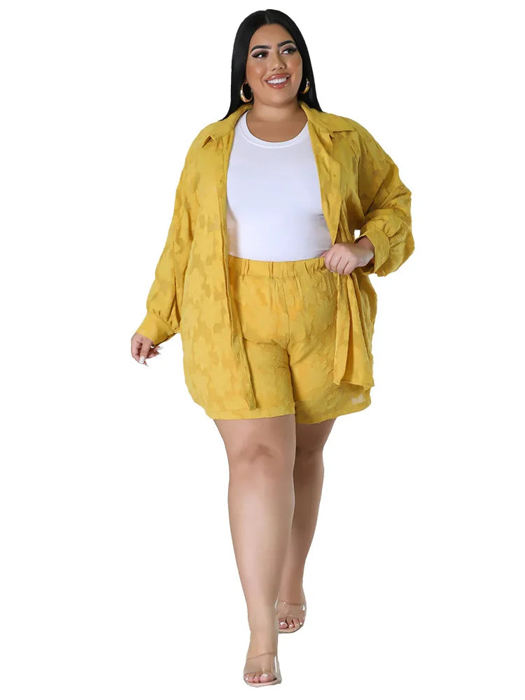 Plus Size Women's 2PC Set - Loose Shirt Top & Shorts Summer Outfits