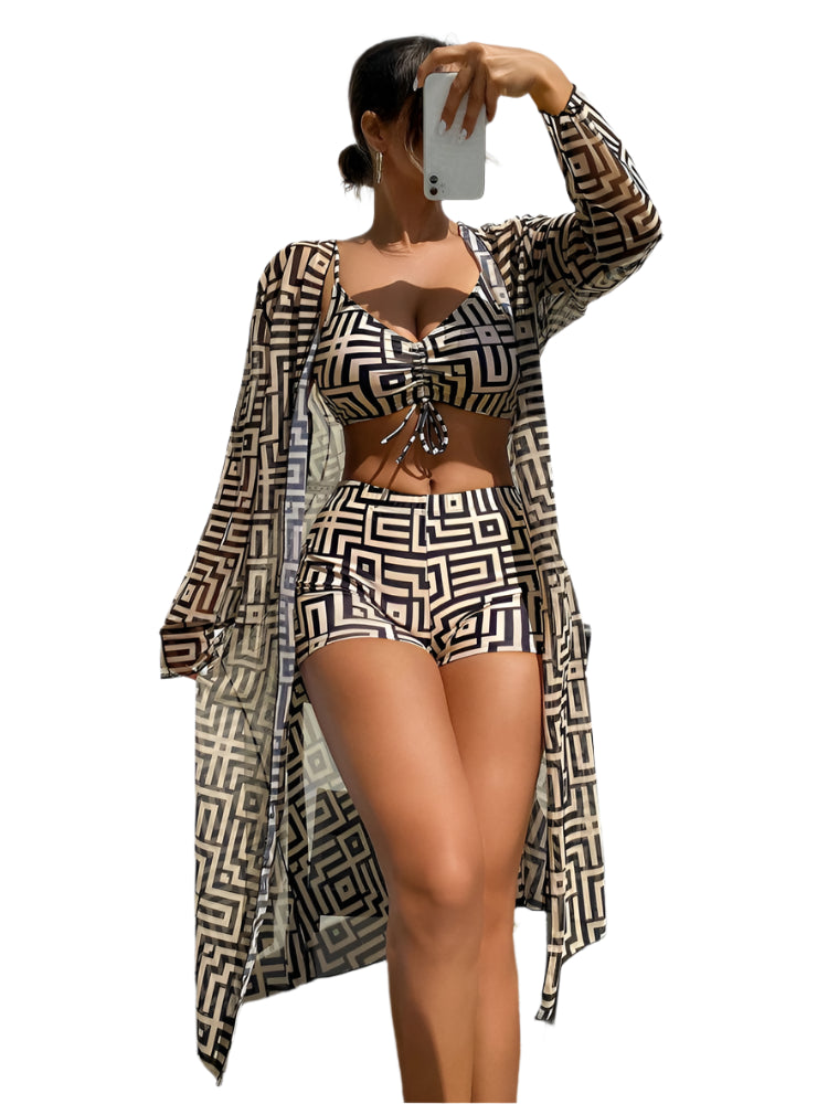 Women's Lattice Bikini Set - 3PC Sling Top, Boxer Shorts & LS
